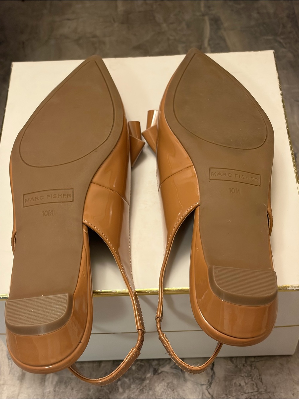 Marc Fisher Tan Patent Pointed Slingback Flats with Bow - Picture 7 of 9